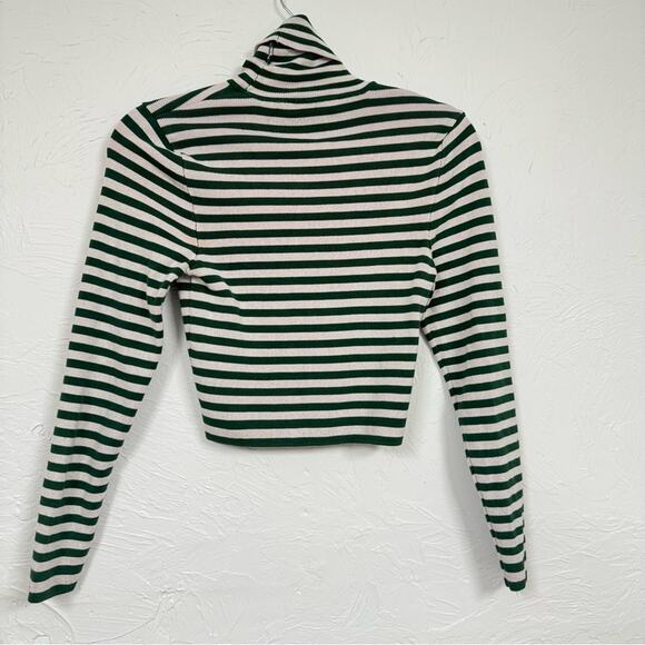 Zara Green & Pink Striped Cropped Long Sleeve Turtleneck Sweater Womens L Ribbed - Picture 7 of 7